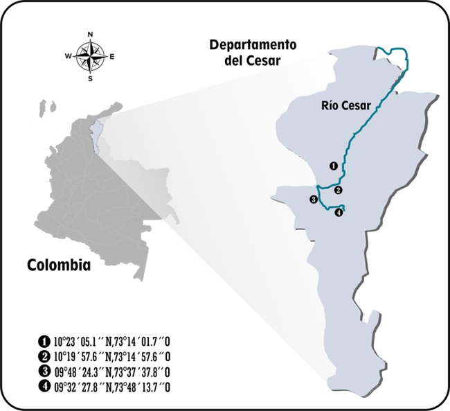 Mapa ubicación del departamento del Cesar, referenciándose las estaciones y coordenadas de muestreo en la cuenca baja del río Cesar