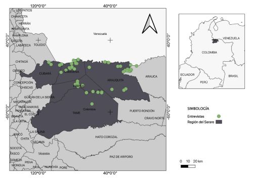 Mapa región del Sarare y lugares de las entrevistas Arauca Colombia